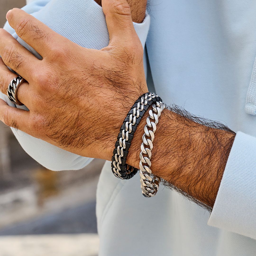 Frank 1967 Woven Leather Steel Bracelet 7FB-0273