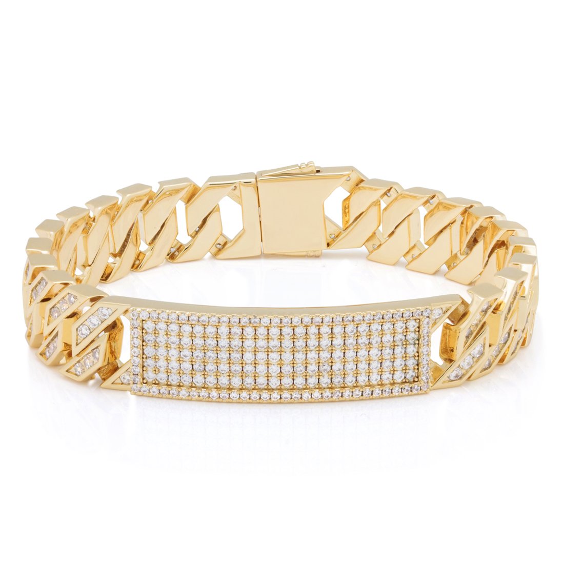 King Ice 14k Gold Plated 12mm Iced Miami Cuban Link ID Bracelet 8" BRX14050