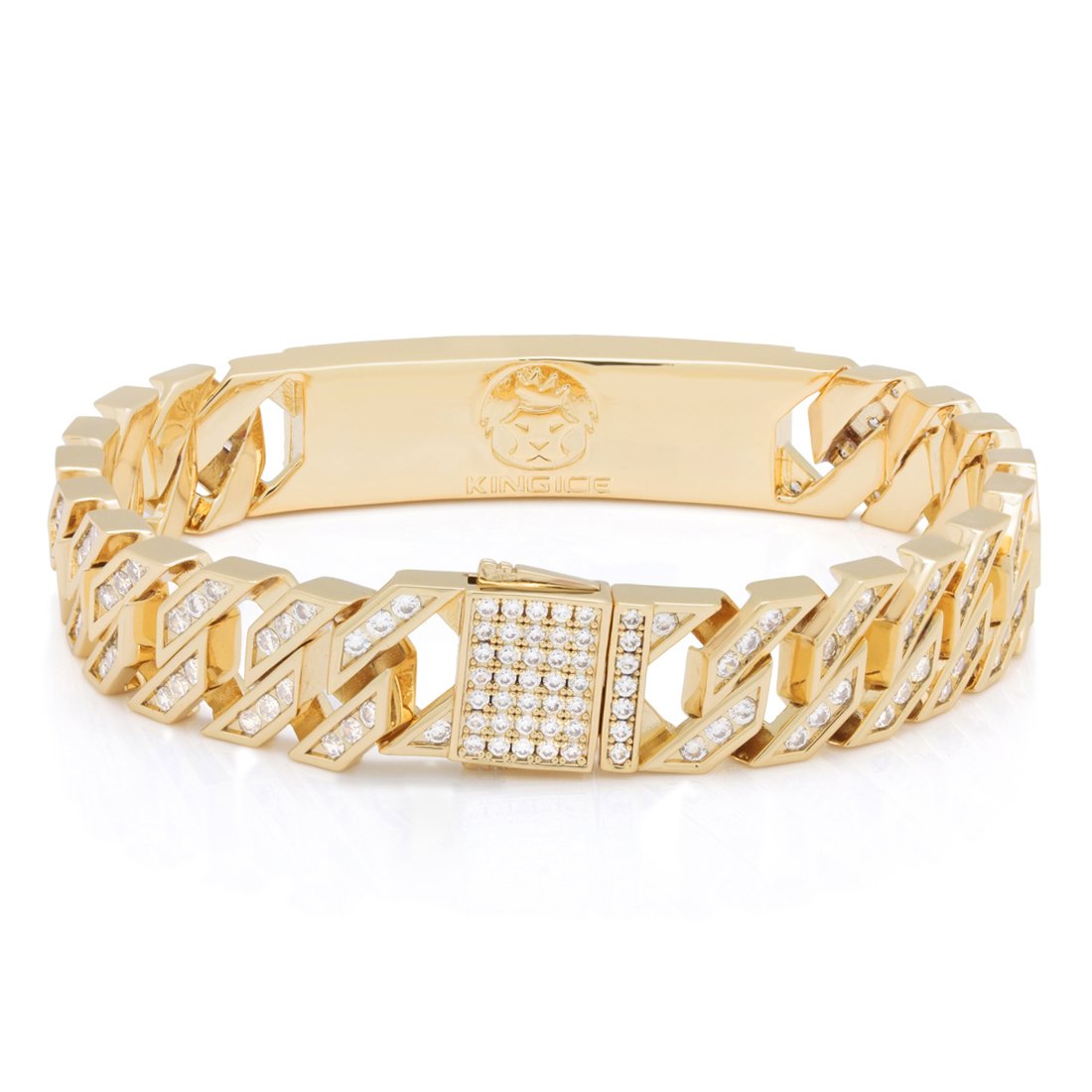 King Ice 14k Gold Plated 12mm Iced Miami Cuban Link ID Bracelet 8" BRX14050