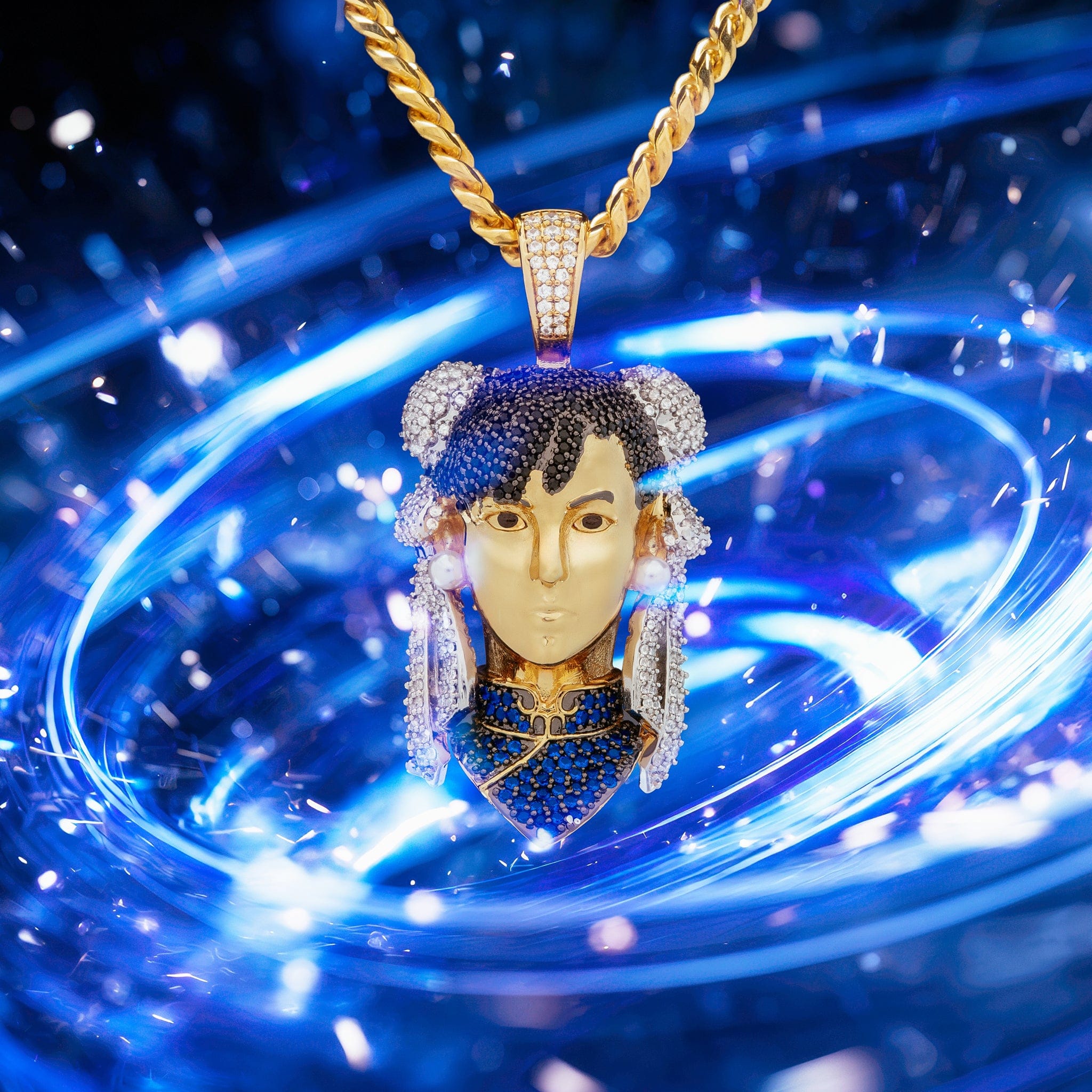 King Ice 14k Gold Plated Street Fighter Chun-Li Necklace NKX14553