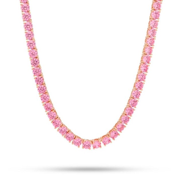 KING ICE 14K Gold Plated Necklace CHX13302 Pink Tennis 5mm 18"